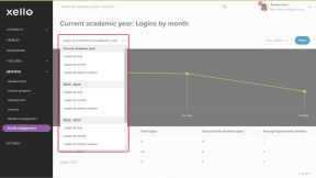 Click to enlarge Logins by month (current academic year) dropdown is open with other report options available, including Logins by day, by month or by family member, including years past